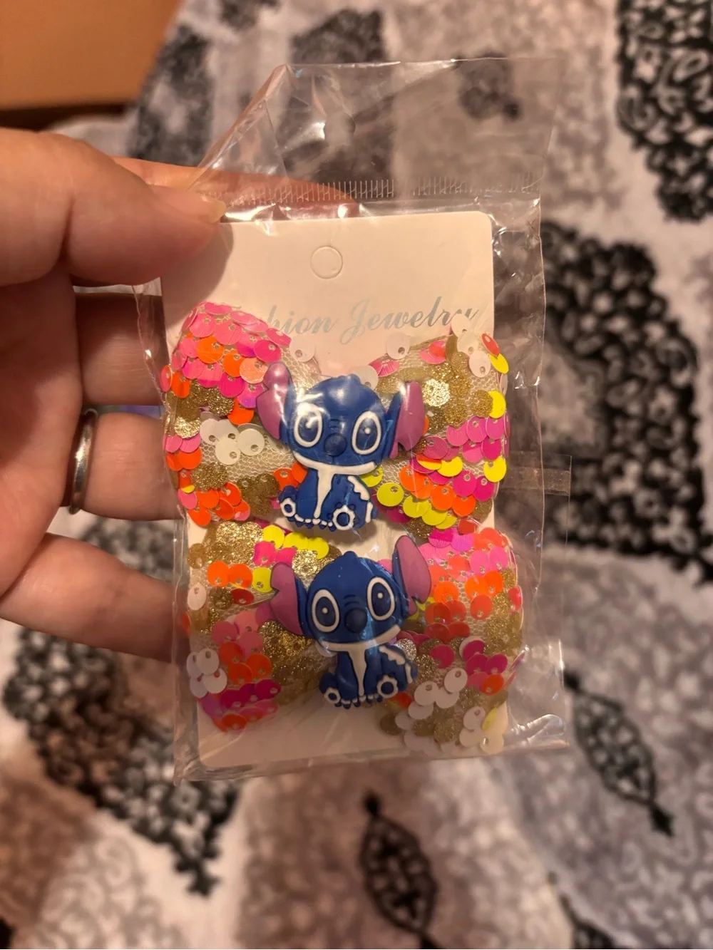 6 Sequin Bow Hair Clip with Blue Cartoon Accent - Kids Accessories